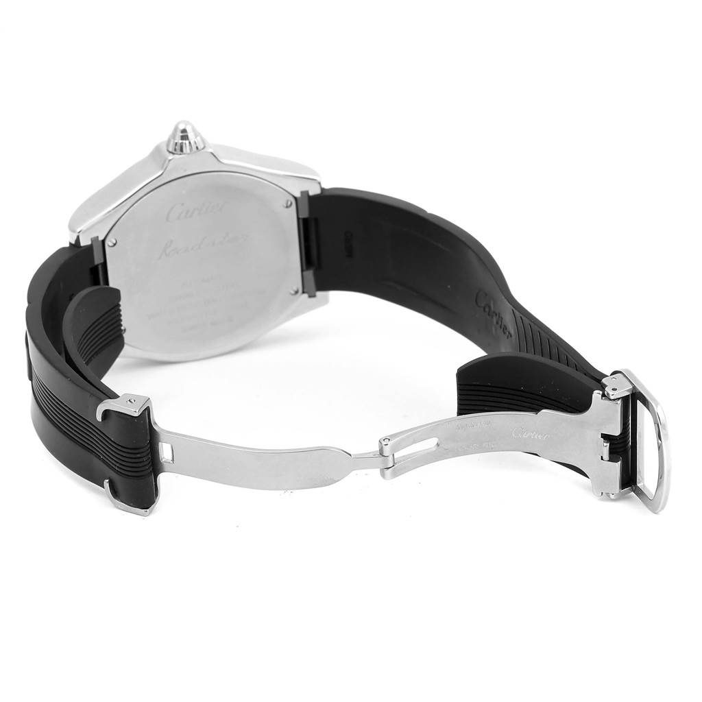The image shows the back view of a Cartier Roadster W6206018 Men's Stainless Steel Silver Dial W6206018 Men's Stainless Steel Silver Dial watch with an open black strap and deployment clasp.
