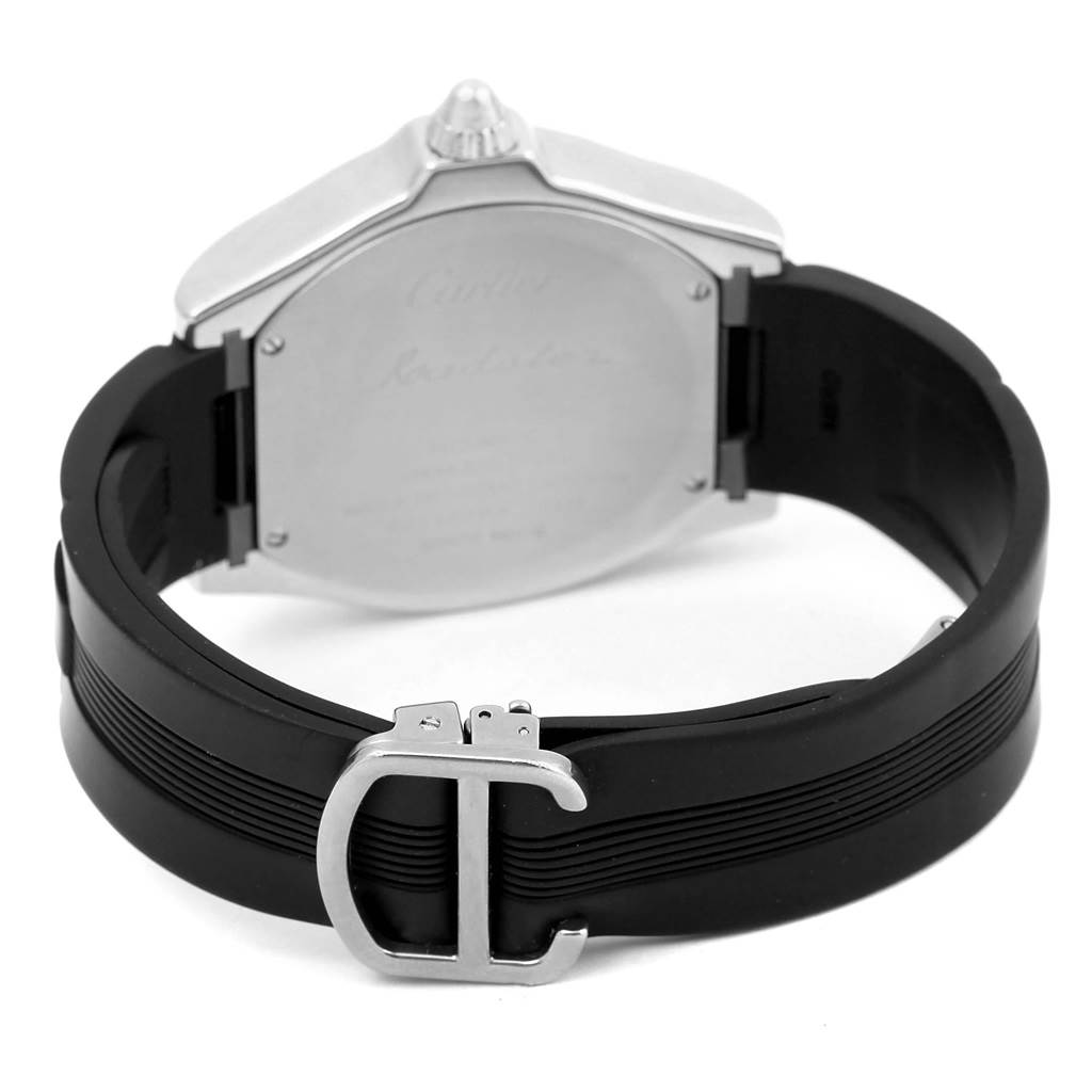 The image shows the back case and buckle of a Cartier Roadster W6206018 Men's Stainless Steel Silver Dial W6206018 Men's Stainless Steel Silver Dial watch at an angled rear view.