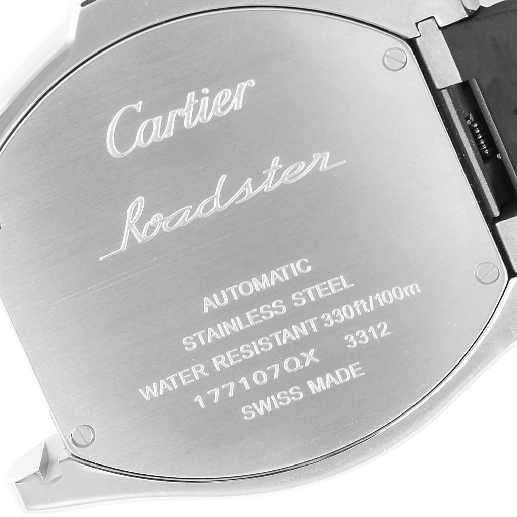 The image shows the back case of the Cartier Roadster W6206018 Men's Stainless Steel Silver Dial W6206018 Men's Stainless Steel Silver Dial watch, displaying engravings and specifications.