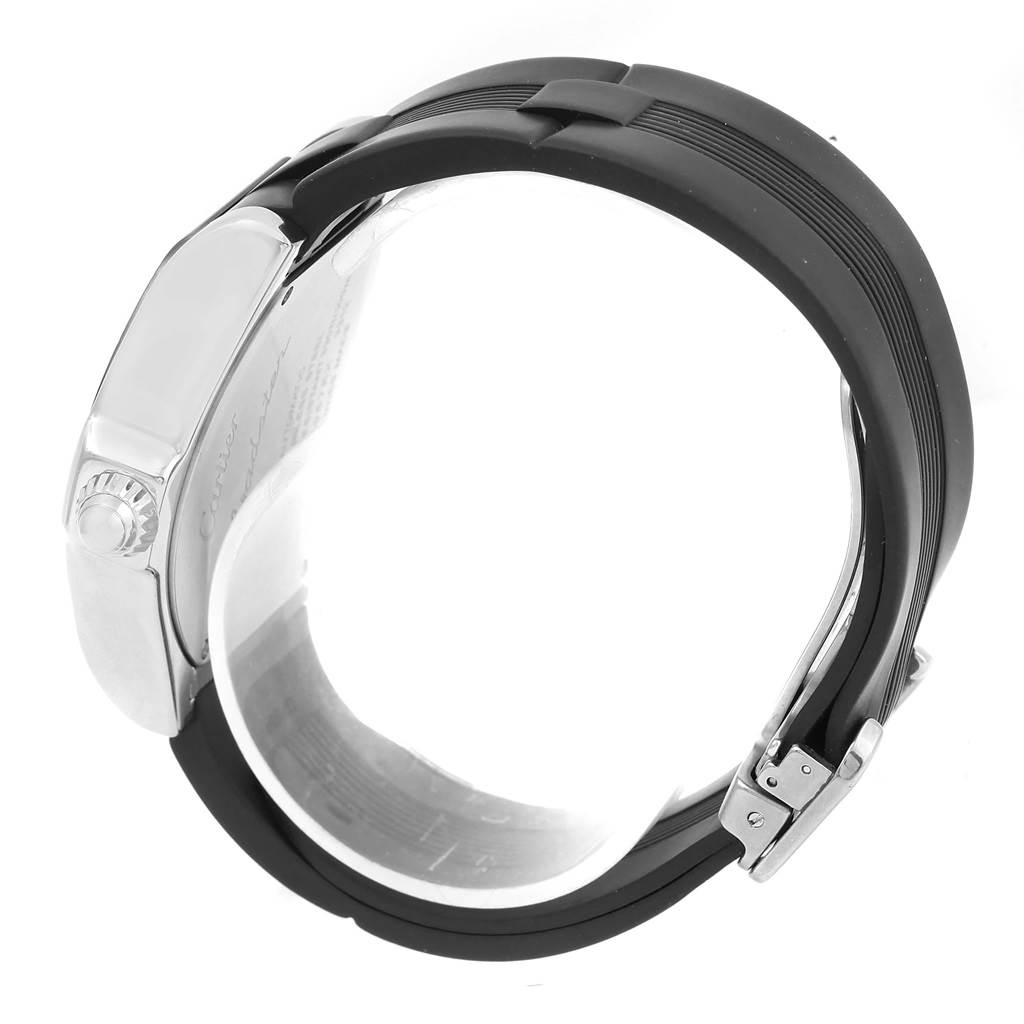 This image shows a side angle of the Cartier Roadster W6206018 Men's Stainless Steel Silver Dial W6206018 Men's Stainless Steel Silver Dial watch, highlighting the crown, case, and rubber strap with clasp.