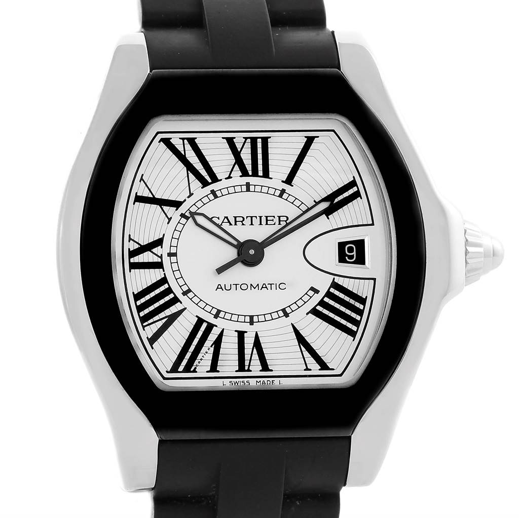 The Cartier Roadster W6206018 Men's Stainless Steel Silver Dial W6206018 Men's Stainless Steel Silver Dial watch is shown from a front angle, displaying its dial, Roman numerals, and date window.