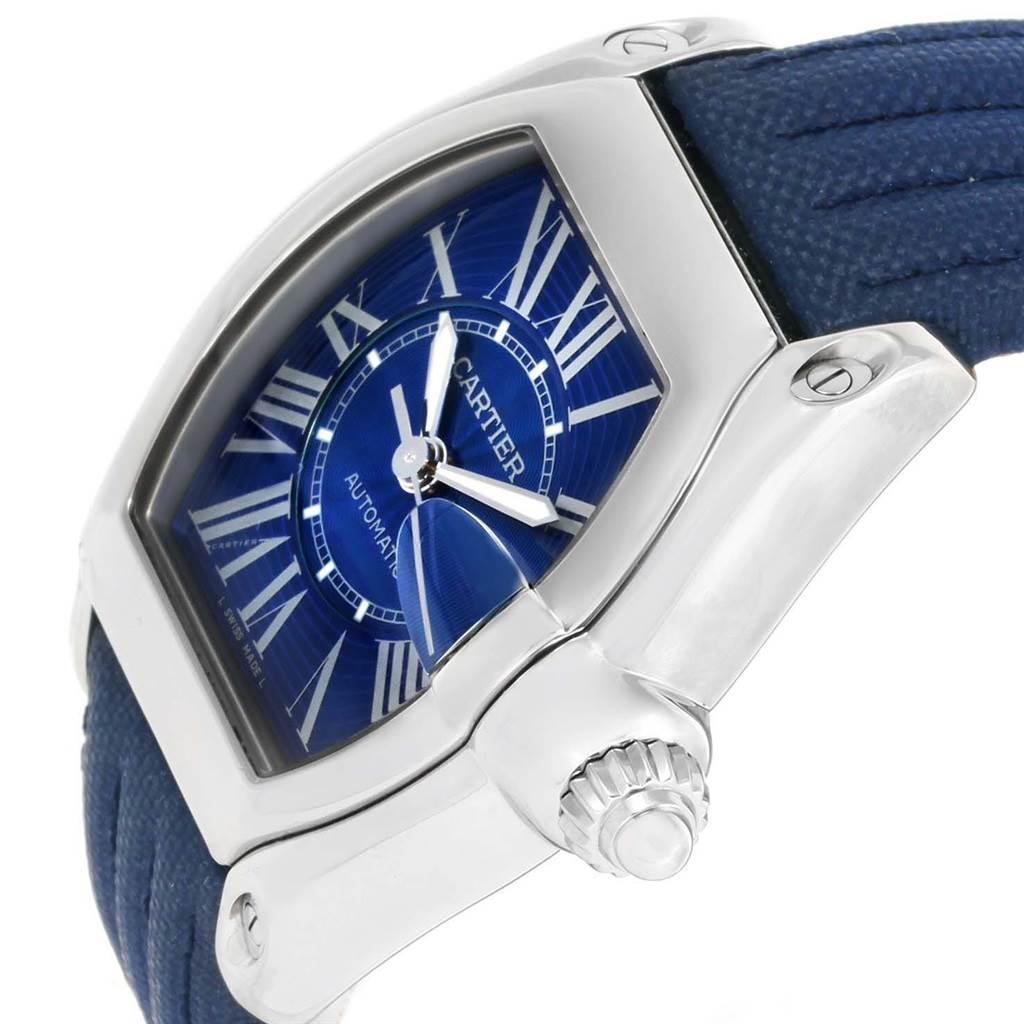 This image shows a close-up side angle of the Cartier Roadster W62048V3 Men's Stainless Steel Blue Dial W62048V3 Men's Stainless Steel Blue Dial watch, focusing on the crown, case, and part of the band.