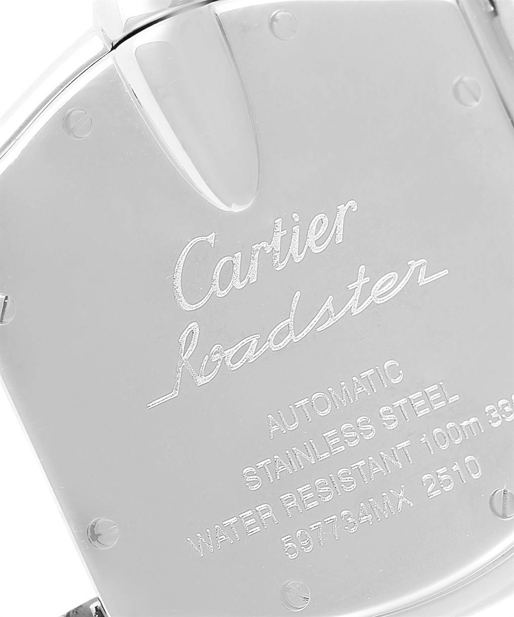 This image shows the back case of a Cartier Roadster W62048V3 Men's Stainless Steel Blue Dial W62048V3 Men's Stainless Steel Blue Dial watch, highlighting branding and specifications.