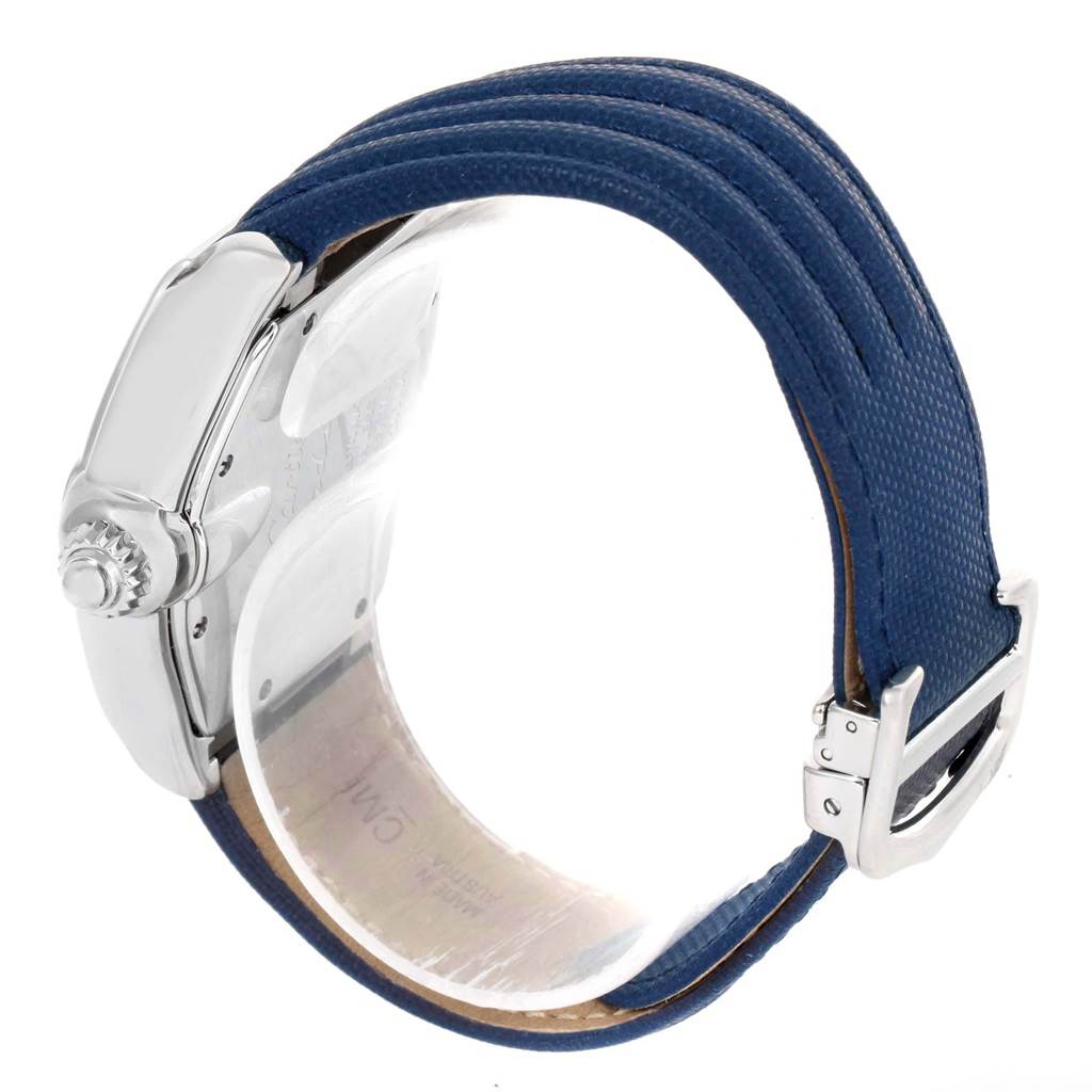 The image shows a side view of the Cartier Roadster W62048V3 Men's Stainless Steel Blue Dial W62048V3 Men's Stainless Steel Blue Dial watch focusing on the crown, case, and blue strap with a buckle.
