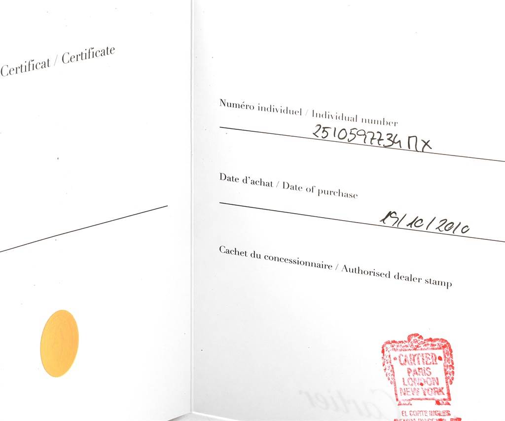 This image shows the certificate for a Cartier Roadster W62048V3 Men's Stainless Steel Blue Dial W62048V3 Men's Stainless Steel Blue Dial watch, including the individual number, date of purchase, and dealer stamp.