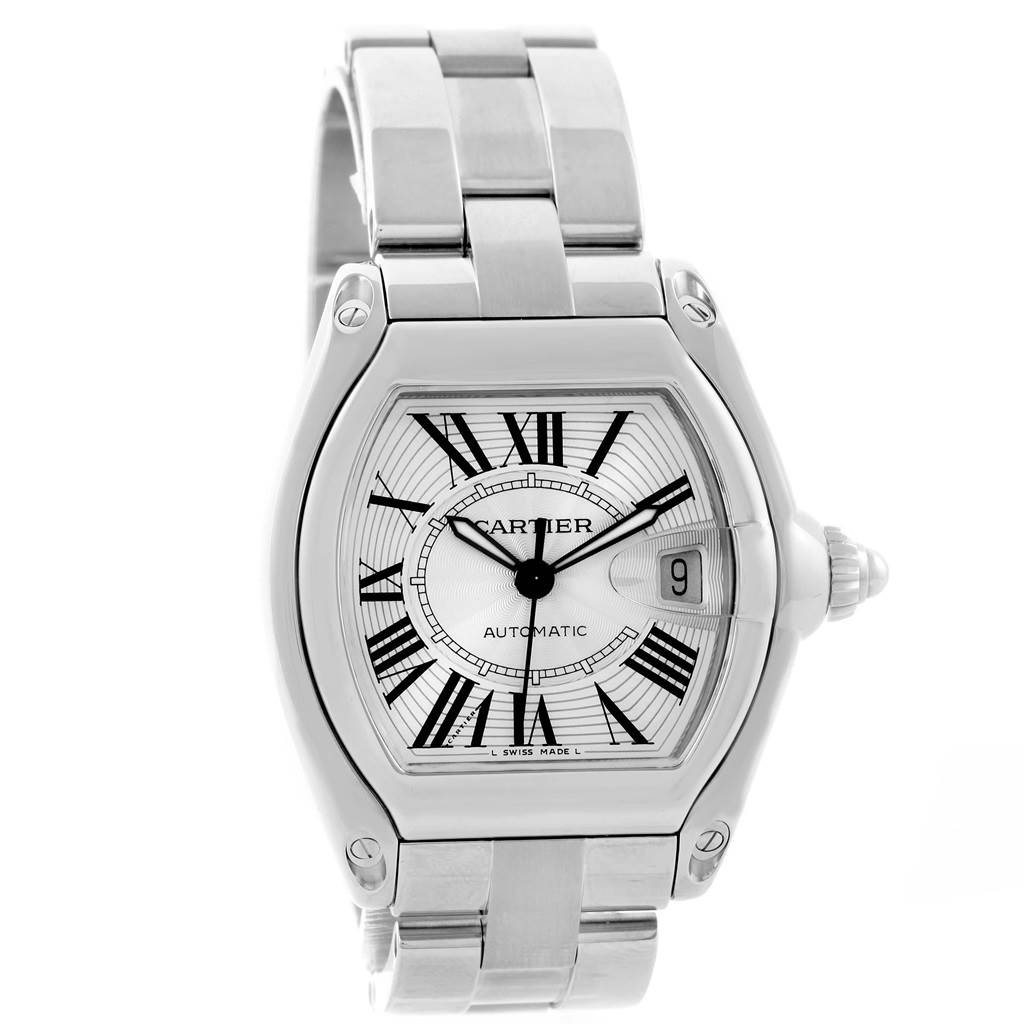 The image displays a front view of the Cartier Roadster W62025V3 Men's Stainless Steel Silver Dial W62025V3 Men's Stainless Steel Silver Dial model, showing the dial, bezel, bracelet, and crown.