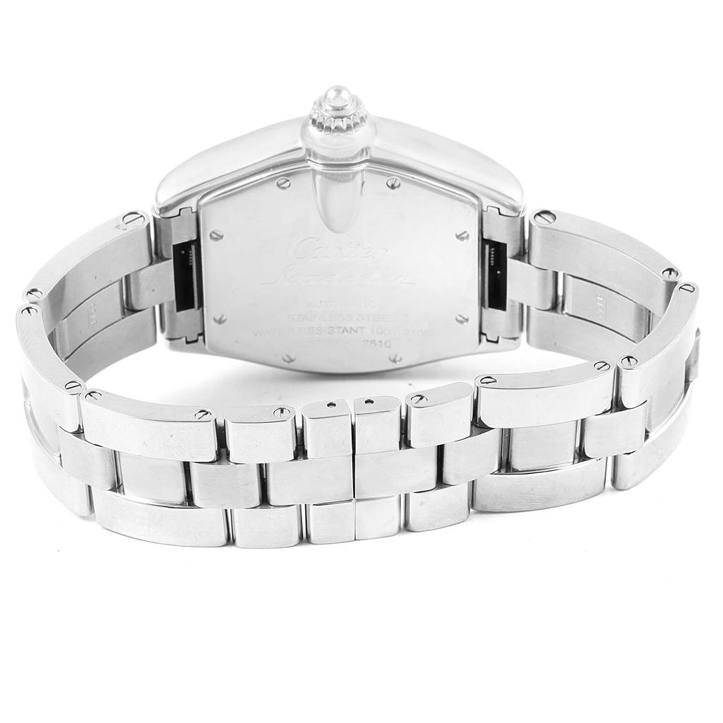 The image shows the back view of a Cartier Roadster W62025V3 Men's Stainless Steel Silver Dial W62025V3 Men's Stainless Steel Silver Dial watch, highlighting its clasp and bracelet.