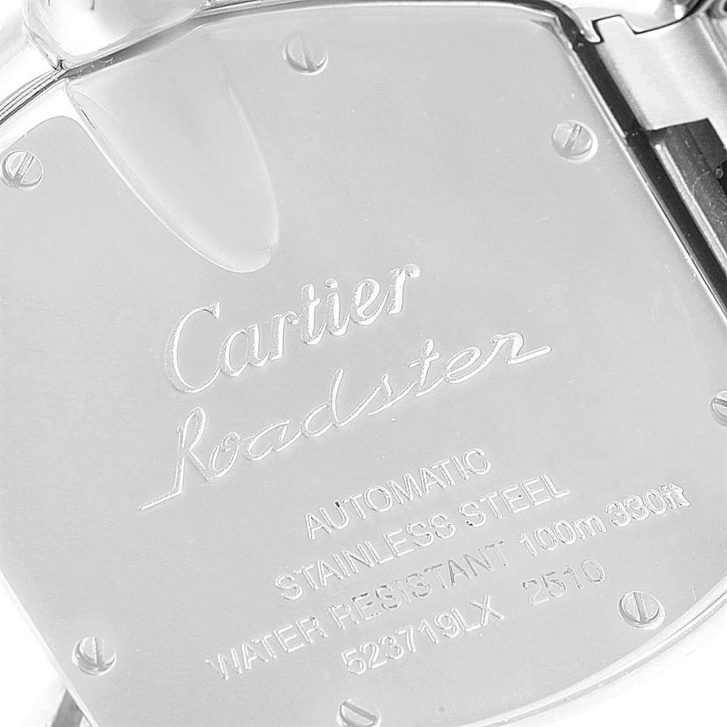 This image shows the back case of a Cartier Roadster W62025V3 Men's Stainless Steel Silver Dial W62025V3 Men's Stainless Steel Silver Dial watch, highlighting the model, brand, and specifications.