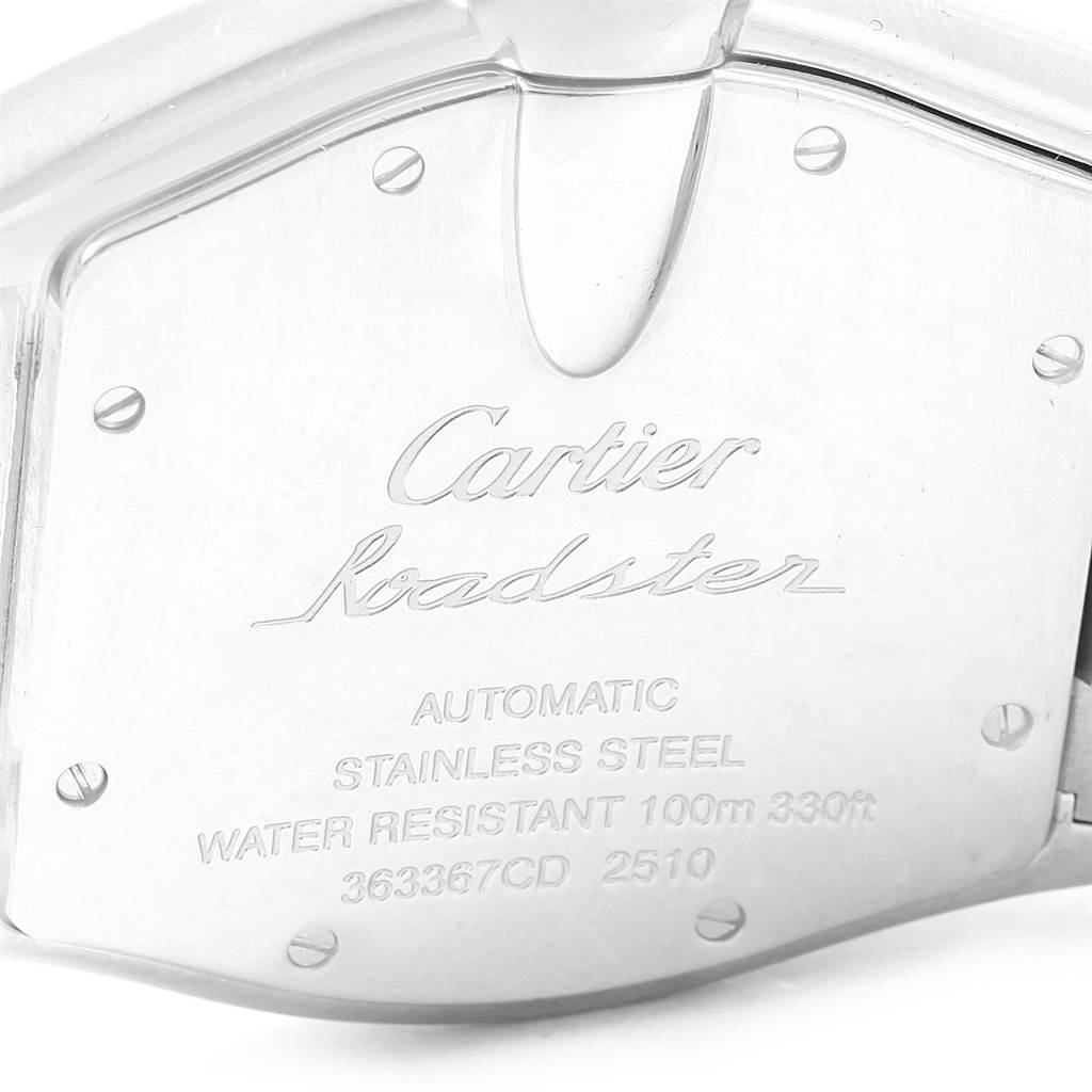 The image shows the back of a stainless steel Cartier Roadster W62002V3 Men's Stainless Steel Black Dial W62002V3 Men's Stainless Steel Black Dial watch case, displaying engraved specifications.