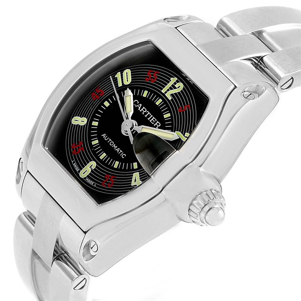 The Cartier Roadster W62002V3 Men's Stainless Steel Black Dial W62002V3 Men's Stainless Steel Black Dial watch is shown from a tilted close-up angle, highlighting its face, crown, and partial bracelet.