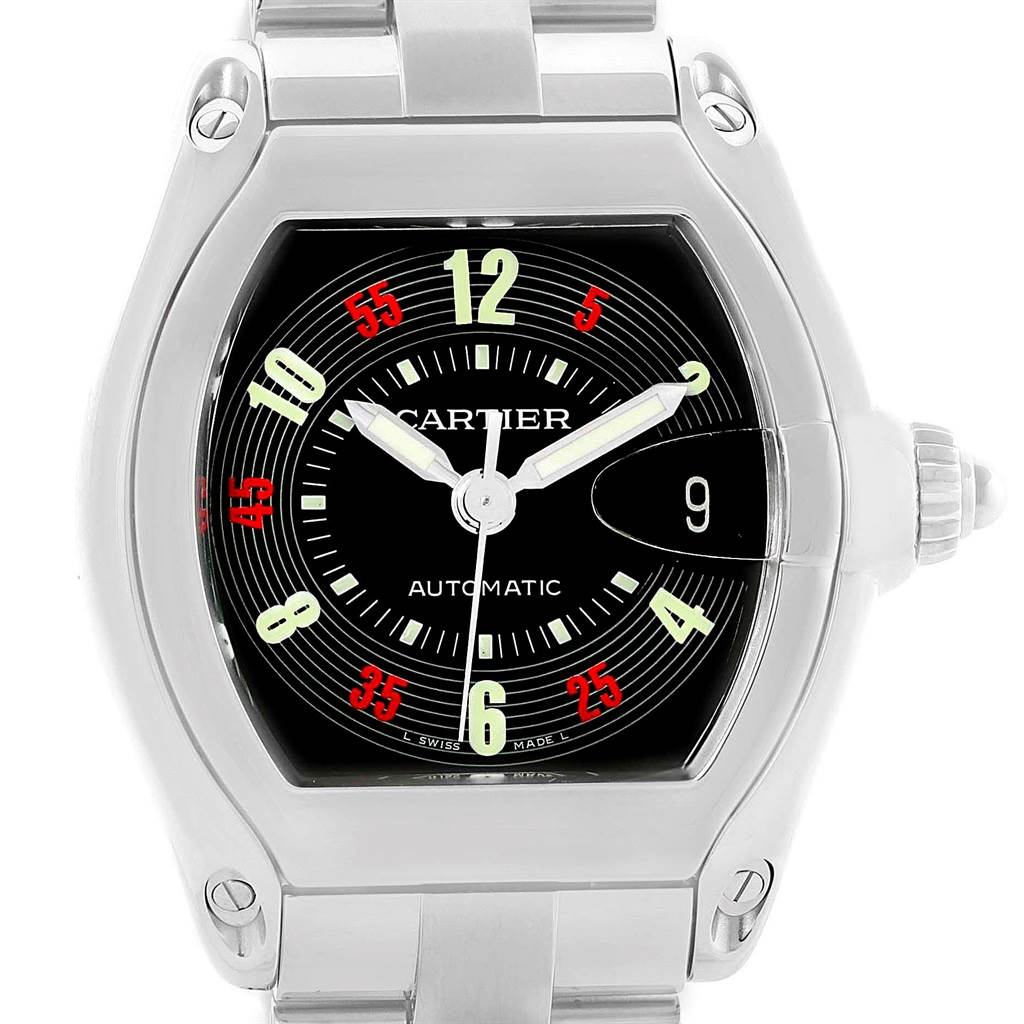 The image shows a front view of the Cartier Roadster W62002V3 Men's Stainless Steel Black Dial W62002V3 Men's Stainless Steel Black Dial watch, highlighting the face and part of the metal bracelet.