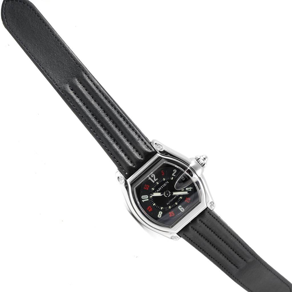 The image shows a Cartier Roadster W62002V3 Men's Stainless Steel Black Dial W62002V3 Men's Stainless Steel Black Dial watch with a black leather strap, viewed from the front at an angle.