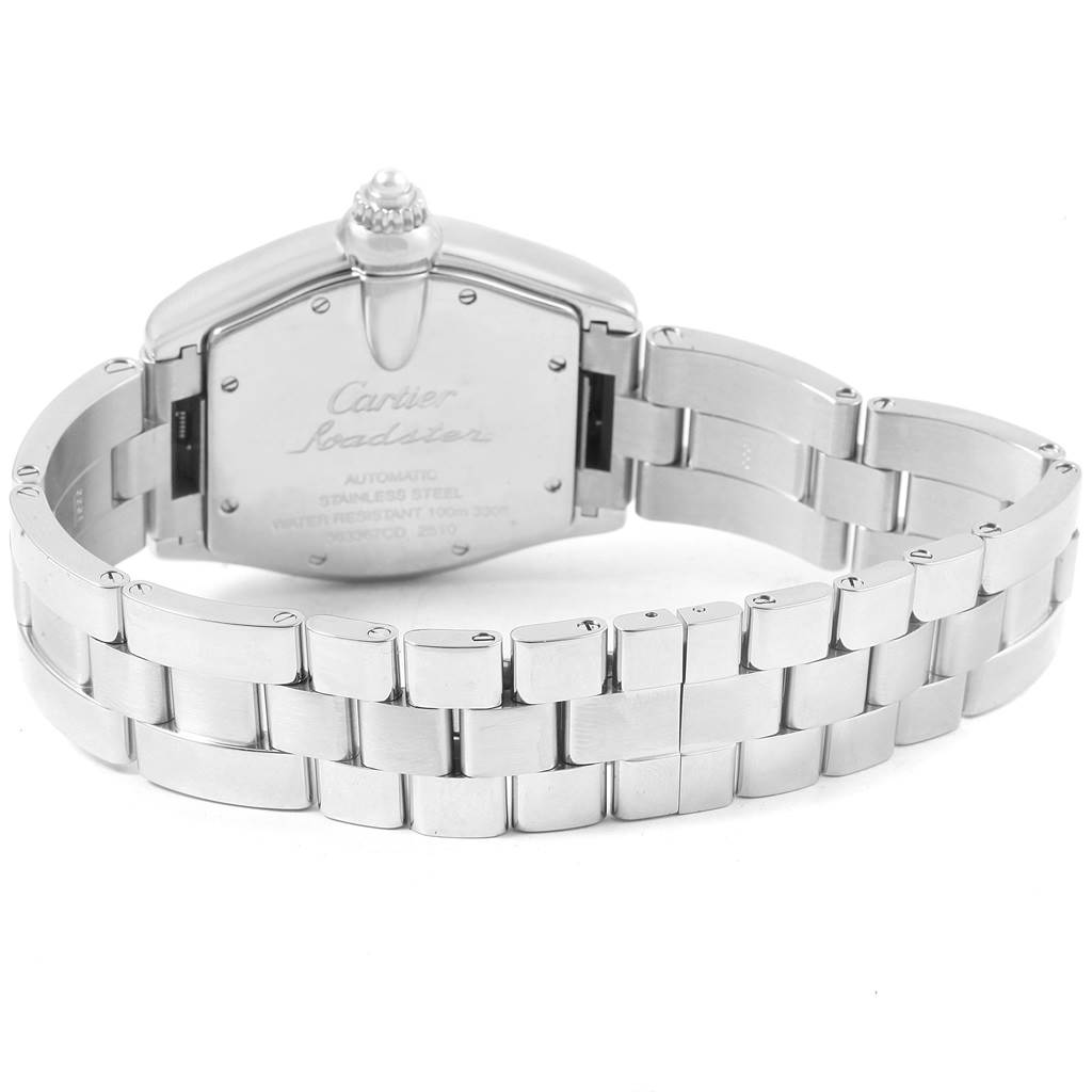 This image shows the back case and bracelet of the Cartier Roadster W62002V3 Men's Stainless Steel Black Dial W62002V3 Men's Stainless Steel Black Dial watch.