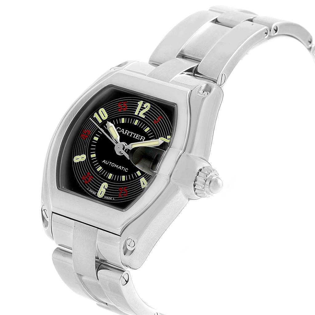 This image shows a Cartier Roadster W62002V3 Men's Stainless Steel Black Dial W62002V3 Men's Stainless Steel Black Dial watch at an oblique angle highlighting the dial, bracelet, and crown.