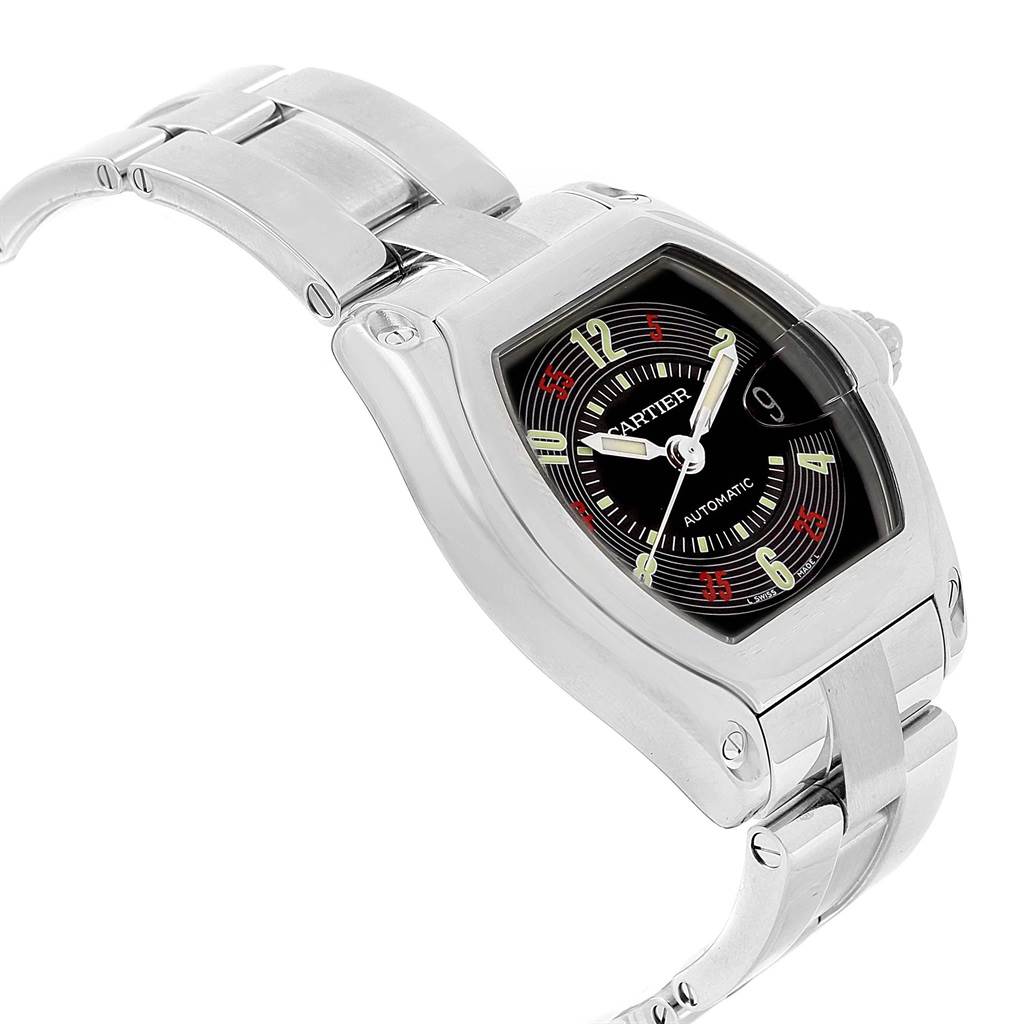 The image shows a side view angle of a Cartier Roadster W62002V3 Men's Stainless Steel Black Dial W62002V3 Men's Stainless Steel Black Dial watch, highlighting its watch face, case, and metal bracelet.