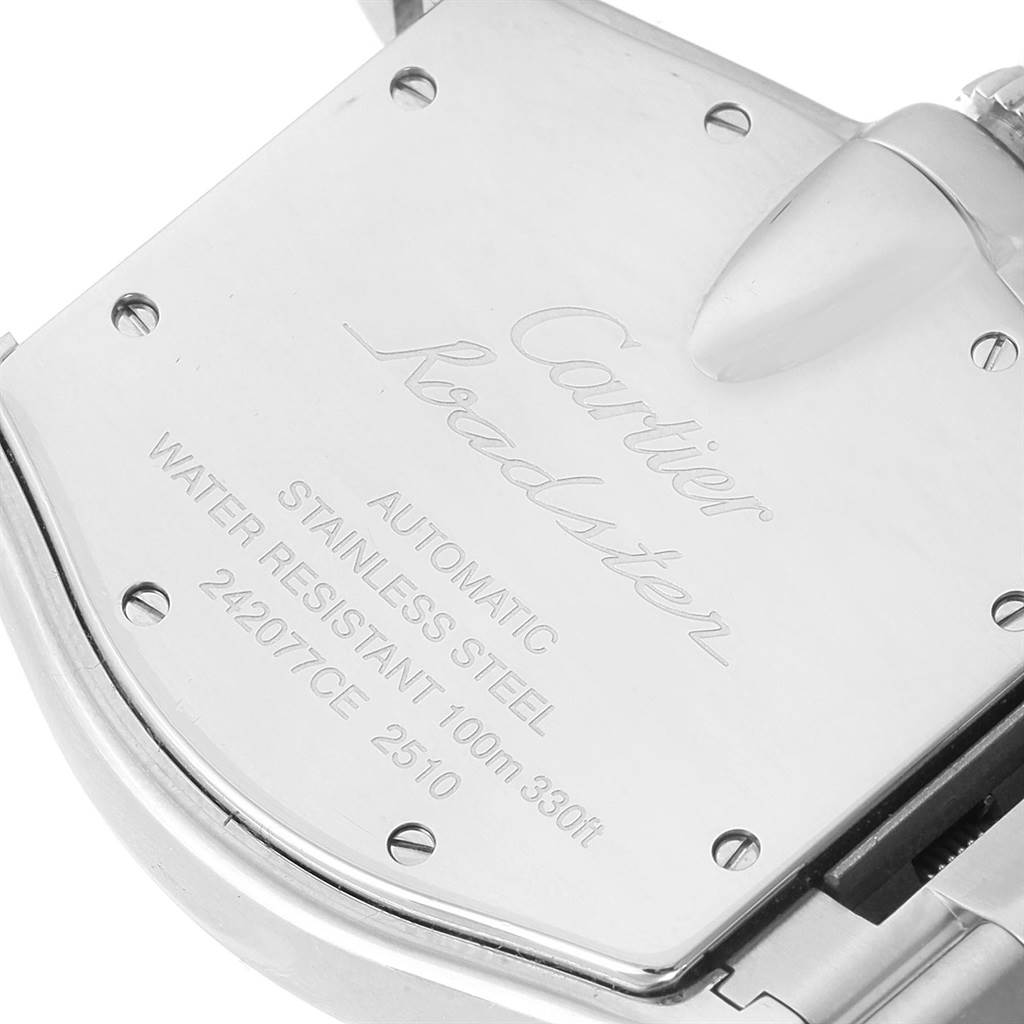 This image shows the back case of a Cartier Roadster W62041V3 Men
s Stainless Steel Black Dial W62041V3 Men
s Stainless Steel Black Dial watch, displaying detailed engravings about the model and specifications.