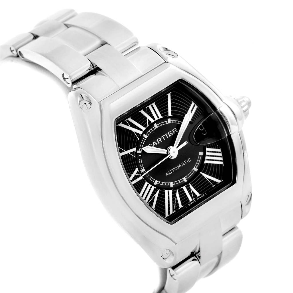 The image shows a Cartier Roadster W62041V3 Men
s Stainless Steel Black Dial W62041V3 Men
s Stainless Steel Black Dial watch at a three-quarter angle, highlighting the face and metal bracelet.