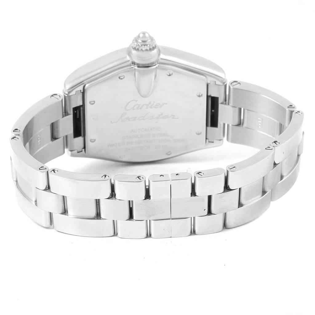 This image shows the back view of the Cartier Roadster W62041V3 Men
s Stainless Steel Black Dial W62041V3 Men
s Stainless Steel Black Dial watch, highlighting its stainless steel case and bracelet.