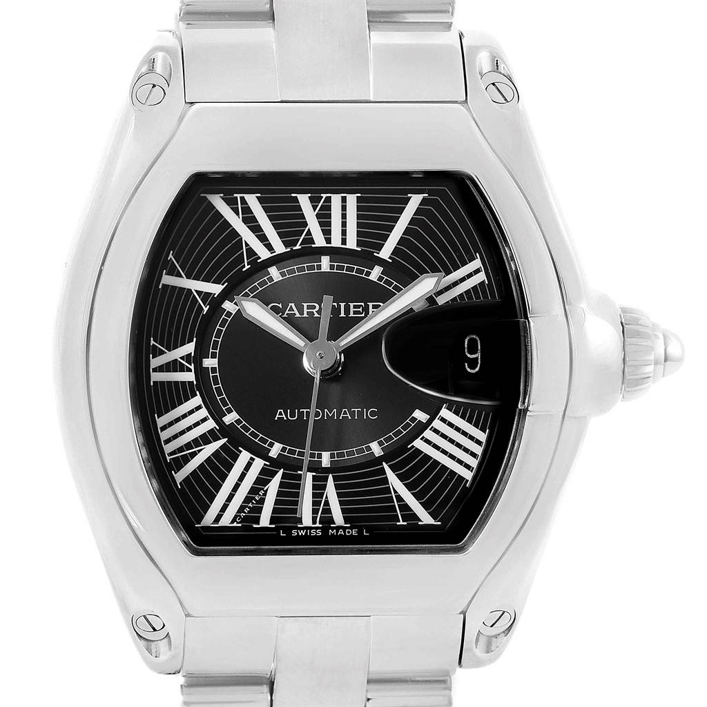 This Cartier Roadster W62041V3 Men
s Stainless Steel Black Dial W62041V3 Men
s Stainless Steel Black Dial watch is shown from the front, highlighting its face with Roman numerals and a black dial.