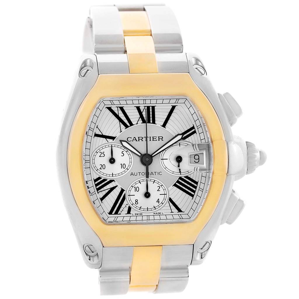The Cartier Roadster W62027Z1 Men
s Steel and Gold (two tone) Silver Dial W62027Z1 Men
s Steel and Gold (two tone) Silver Dial watch is shown at a front angle, highlighting its face, bezel, and part of the band.