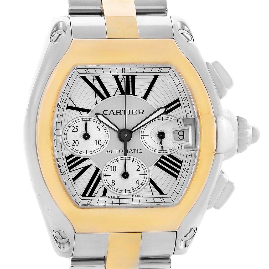 The image shows a front view of the Cartier Roadster W62027Z1 Men
s Steel and Gold (two tone) Silver Dial W62027Z1 Men
s Steel and Gold (two tone) Silver Dial watch, highlighting the face, dials, date indicator, and partial bracelet.