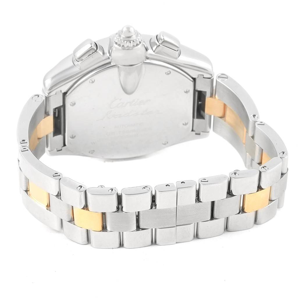 The photo shows the back view of a Cartier Roadster W62027Z1 Men
s Steel and Gold (two tone) Silver Dial W62027Z1 Men
s Steel and Gold (two tone) Silver Dial watch, highlighting the case back and the two-tone metal bracelet.
