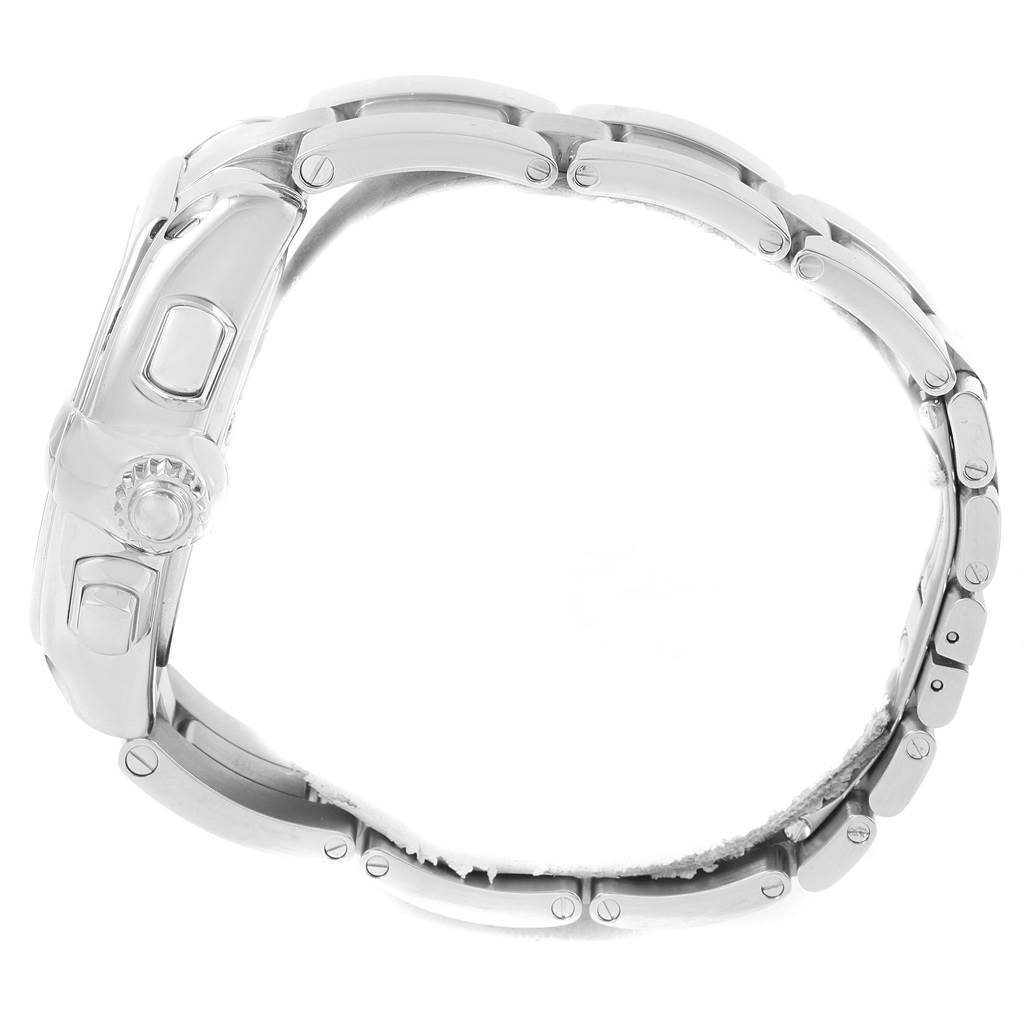 This image shows a side view of the Cartier Roadster W62019X6 Men's Stainless Steel Silver Dial W62019X6 Men's Stainless Steel Silver Dial watch highlighting the crown, pushers, and part of the bracelet.