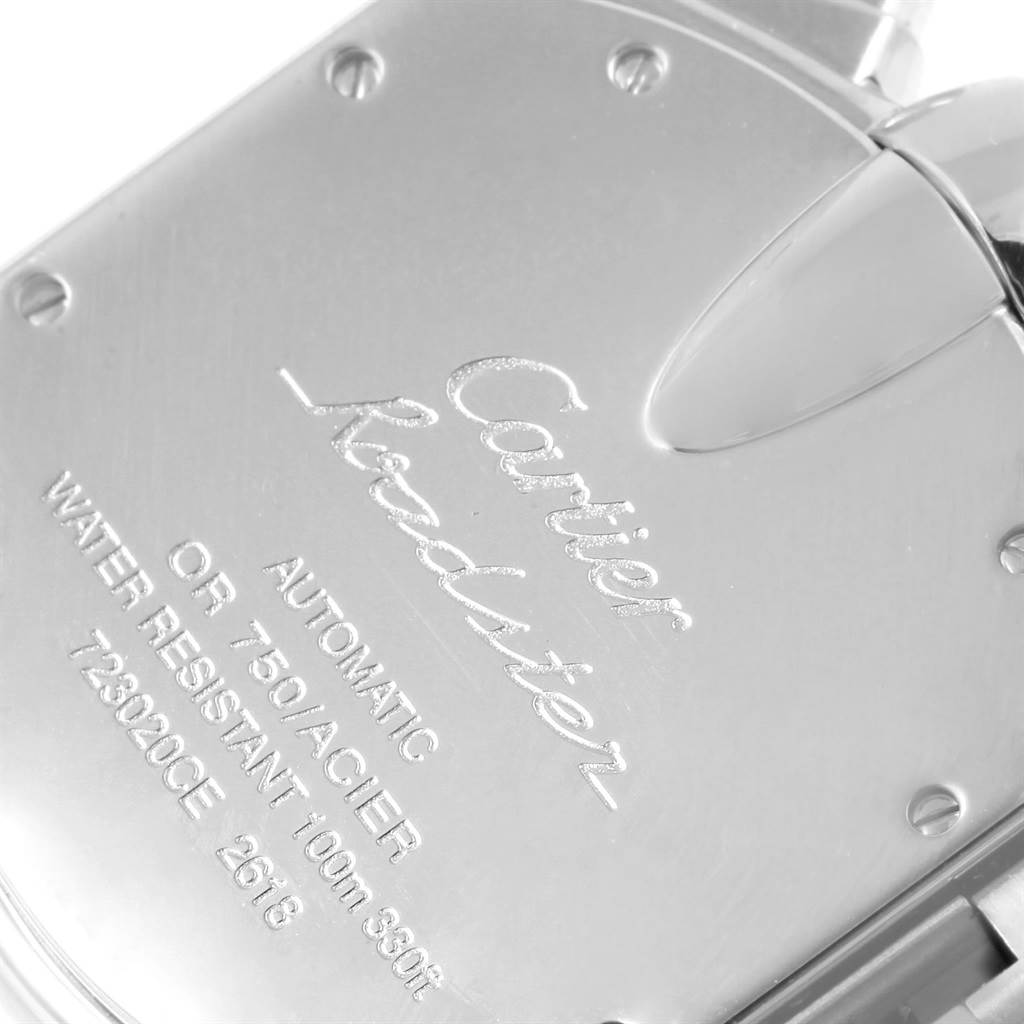 This image shows the back of a Cartier Roadster W62019X6 Men's Stainless Steel Silver Dial W62019X6 Men's Stainless Steel Silver Dial watch, highlighting details like water resistance and material information.