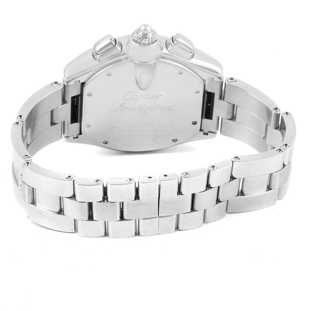 The image shows the back and bracelet of a Cartier Roadster W62019X6 Men's Stainless Steel Silver Dial W62019X6 Men's Stainless Steel Silver Dial watch, emphasizing its clasp and caseback.