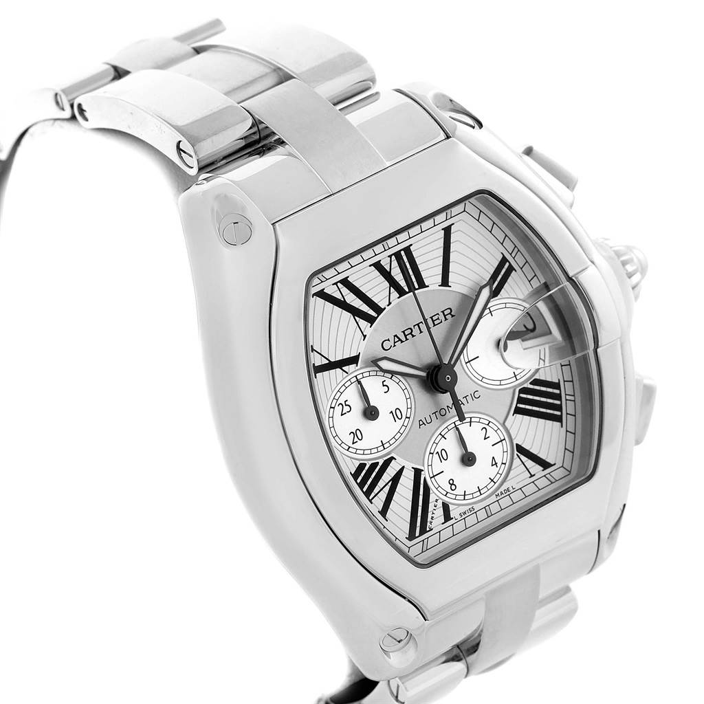 This image shows a close-up angle of the Cartier Roadster W62019X6 Men's Stainless Steel Silver Dial W62019X6 Men's Stainless Steel Silver Dial watch, highlighting its face, dial, and part of the metal bracelet.