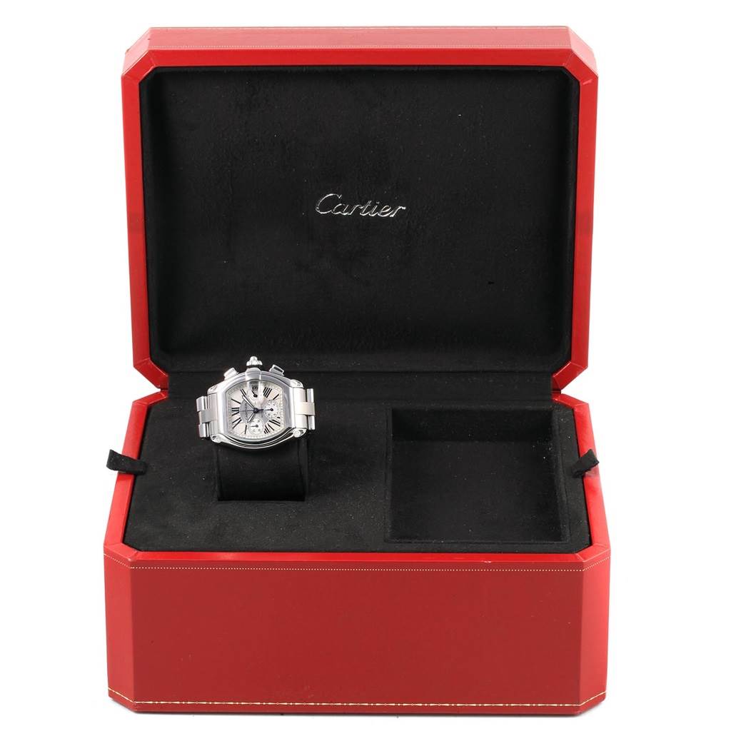 The Cartier Roadster W62019X6 Men's Stainless Steel Silver Dial W62019X6 Men's Stainless Steel Silver Dial watch is displayed front-facing inside its open red case.