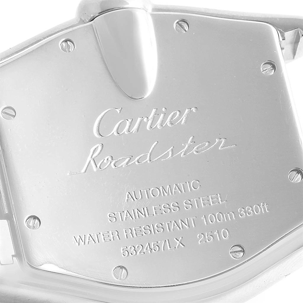 The image shows the back case of the Cartier Roadster W62025V3 Men
s Stainless Steel Silver Dial W62025V3 Men
s Stainless Steel Silver Dial watch, detailing its stainless steel material and specifications.
