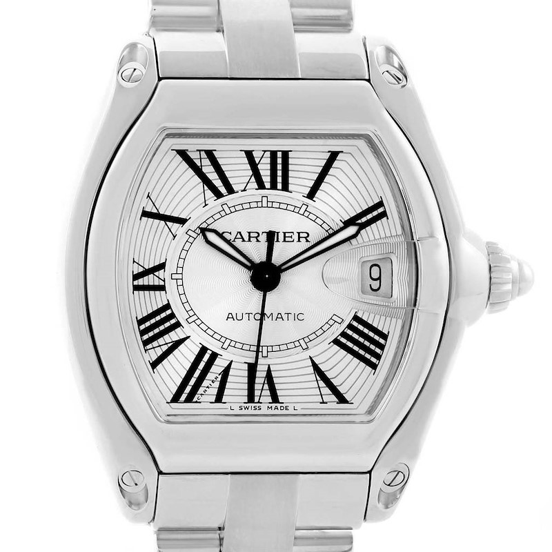 Cartier Roadster Silver Dial Steel Mens Watch W62025V3 Papers SwissWatchExpo