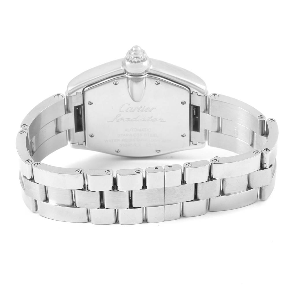 The image shows the back view of a Cartier Roadster W62025V3 Men
s Stainless Steel Silver Dial W62025V3 Men
s Stainless Steel Silver Dial watch, focusing on the case back and stainless steel bracelet.