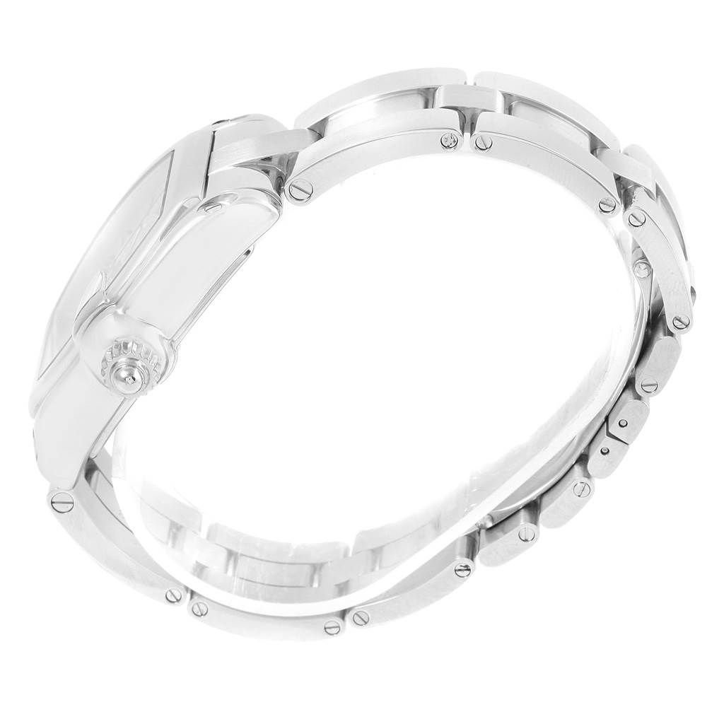 This image shows a side view of the Cartier Roadster W62025V3 Men
s Stainless Steel Silver Dial W62025V3 Men
s Stainless Steel Silver Dial watch, highlighting the bracelet and crown.