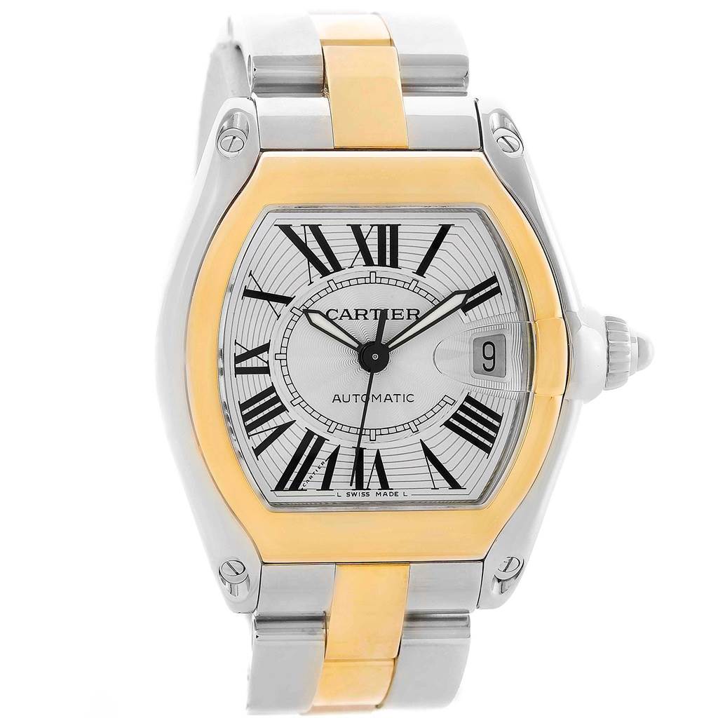 This image shows a front angle of the Cartier Roadster W62031Y4 Men's Steel and Gold (two tone) Silver Dial W62031Y4 Men's Steel and Gold (two tone) Silver Dial watch, highlighting its face and bracelet.