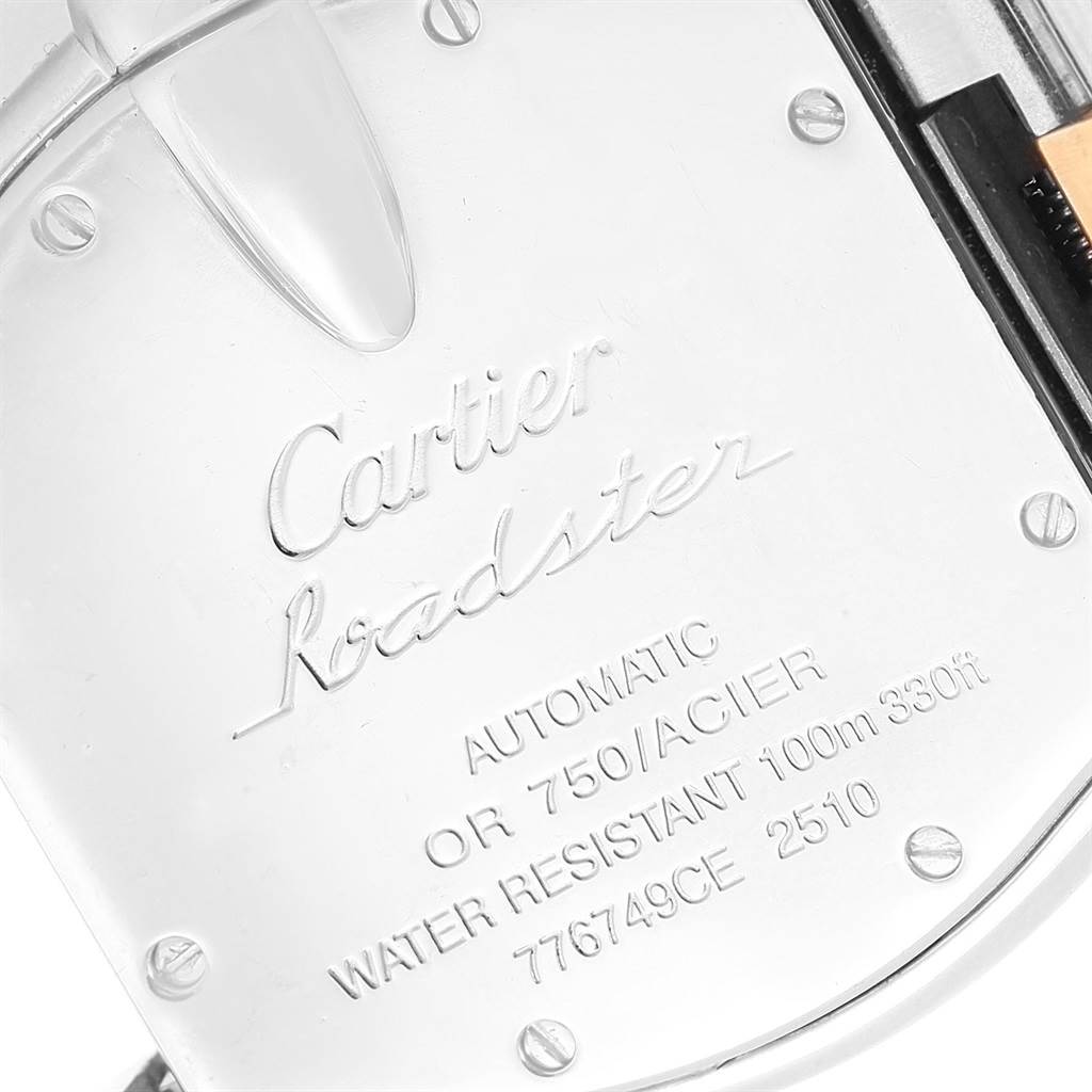 This image shows the back case of a Cartier Roadster W62031Y4 Men's Steel and Gold (two tone) Silver Dial W62031Y4 Men's Steel and Gold (two tone) Silver Dial watch with engraved specifications.