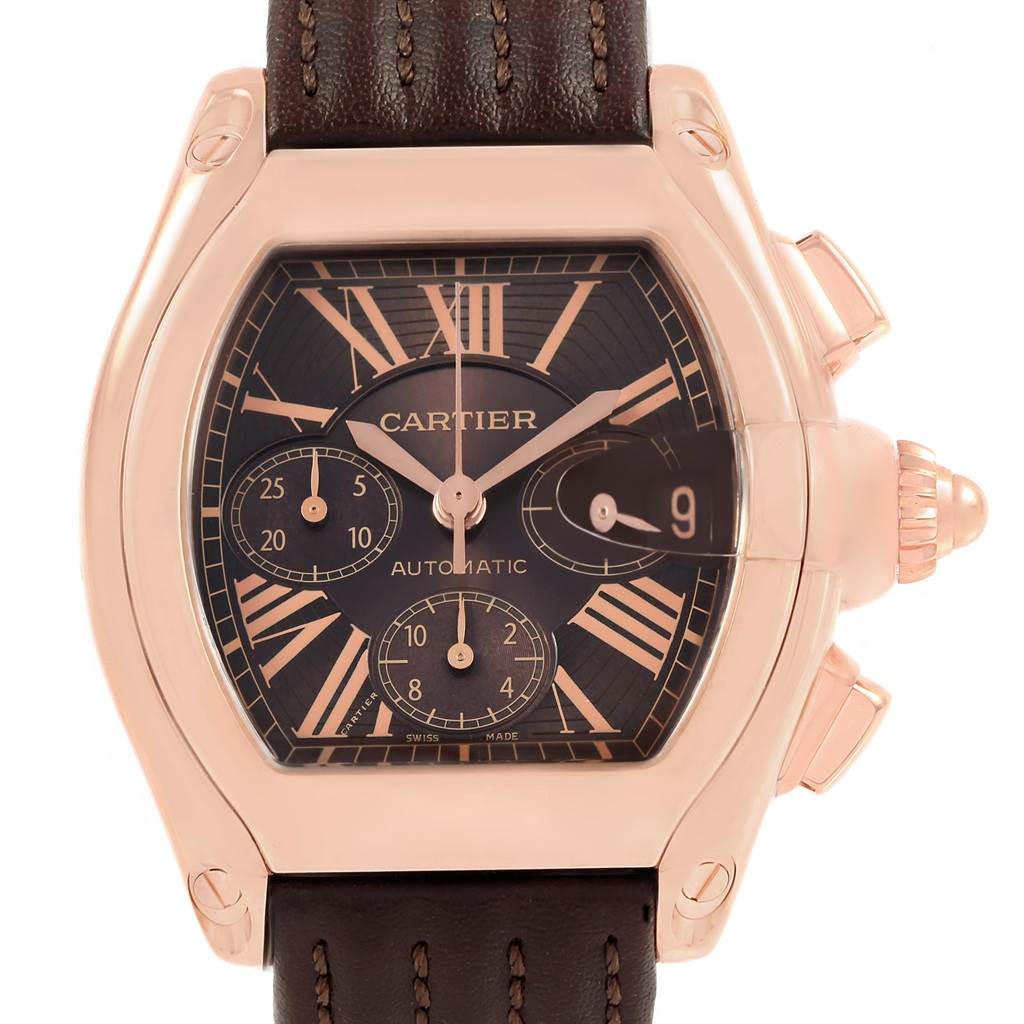 The image shows a close-up front view of the Cartier Roadster W62042Y5 Men's Rose Gold Brown Dial W62042Y5 Men's Rose Gold Brown Dial watch, highlighting its dial, case, crown, and leather strap.
