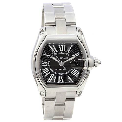 This image shows a front view of the Cartier Roadster W62025V3 Men's Stainless Steel Black Dial W62025V3 Men's Stainless Steel Black Dial watch, highlighting its dial, hands, and bracelet.