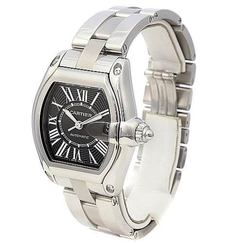 The image shows a Cartier Roadster W62025V3 Men's Stainless Steel Black Dial W62025V3 Men's Stainless Steel Black Dial watch at an angle, highlighting the face, bezel, crown, and stainless steel bracelet.