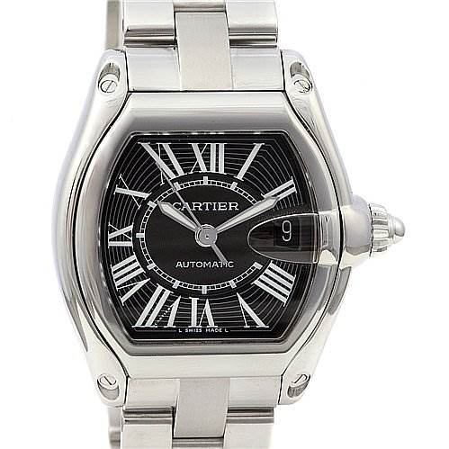 The image shows a full front view of a Cartier Roadster W62025V3 Men's Stainless Steel Black Dial W62025V3 Men's Stainless Steel Black Dial watch, highlighting its dial, crown, and stainless steel bracelet.