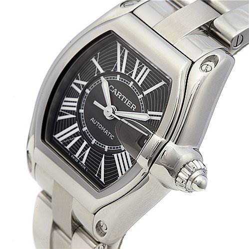 This image shows a Cartier Roadster W62025V3 Men's Stainless Steel Black Dial W62025V3 Men's Stainless Steel Black Dial watch at an angled view highlighting the face, crown, and part of the bracelet.