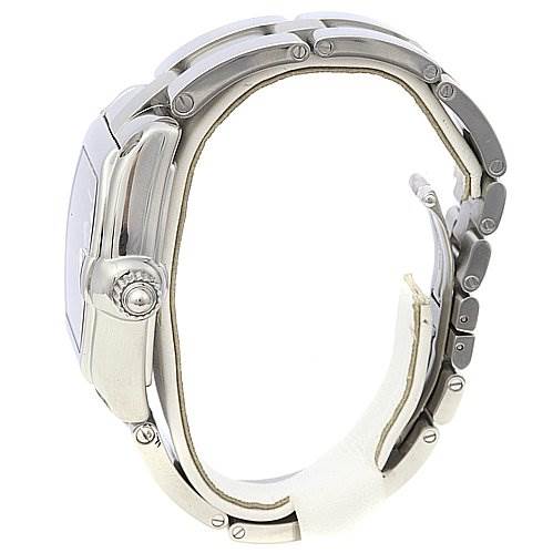 This image shows a Cartier Roadster W62025V3 Men's Stainless Steel Black Dial W62025V3 Men's Stainless Steel Black Dial watch from a side angle, highlighting the case, crown, and metal bracelet.