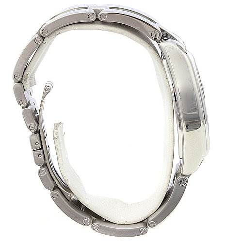 The image shows a side view of the Cartier Roadster W62025V3 Men's Stainless Steel Black Dial W62025V3 Men's Stainless Steel Black Dial watch, highlighting its metal bracelet and rectangular case.