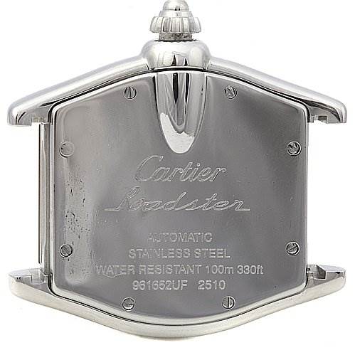 This image shows the case back and crown of a Cartier Roadster W62025V3 Men's Stainless Steel Black Dial W62025V3 Men's Stainless Steel Black Dial watch.