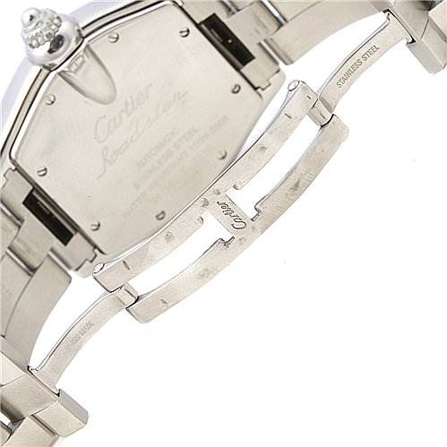 The image shows the back and clasp of a Cartier Roadster W62025V3 Men's Stainless Steel Black Dial W62025V3 Men's Stainless Steel Black Dial watch.