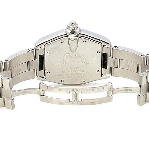 This image shows the back case and part of the stainless steel bracelet of a Cartier Roadster W62025V3 Men's Stainless Steel Black Dial W62025V3 Men's Stainless Steel Black Dial watch.