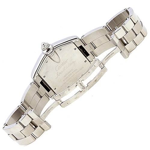 This image shows the back case and bracelet of a Cartier Roadster W62025V3 Men's Stainless Steel Black Dial W62025V3 Men's Stainless Steel Black Dial watch from a slightly top-down angle.