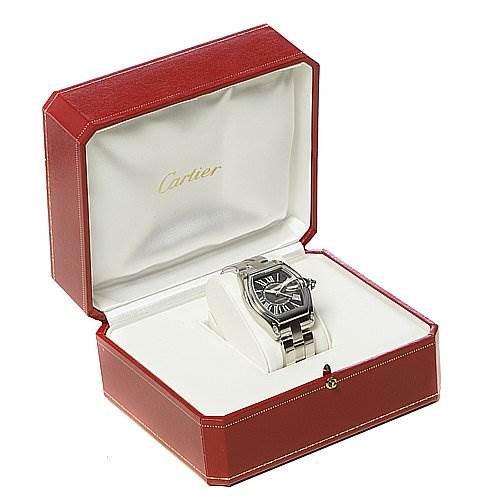 The Cartier Roadster W62025V3 Men's Stainless Steel Black Dial W62025V3 Men's Stainless Steel Black Dial watch is shown from an elevated angle, placed inside a red Cartier box with the lid open.