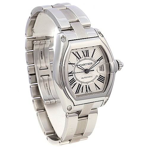 The image shows a Cartier Roadster W62025V3 Men's Stainless Steel Silver Dial W62025V3 Men's Stainless Steel Silver Dial watch from a three-quarter angle, displaying the face, case, crown, and part of the bracelet.